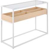 Display Console Table in White Metal, Natural Wood, & Tempered Glass